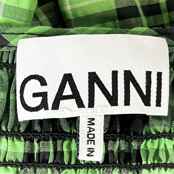 GANNI Seersucker Tiered Check Midi Dress Women in Peapod Green and Black Size 2 - Picture 10 of 16